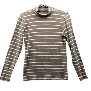 Muji Mock Neck T Shirt Womens S Long Sleeve Striped Light Brown White Stretch